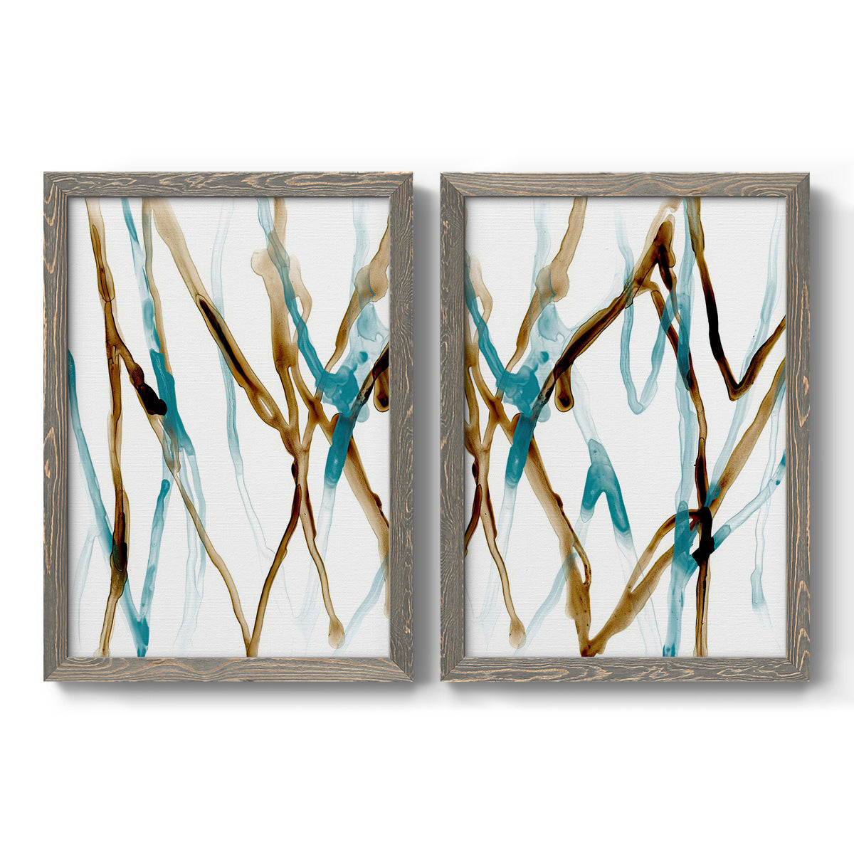 Set of two gray barnwood framed canvas prints featuring two fluid abstracts with branching turquoise and brown lines drifting across white backgrounds.