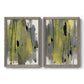 Set of two gray barnwood framed canvas prints featuring two urban mixed-media abstracts featuring vertical abstract brush bands in changing muted palettes.