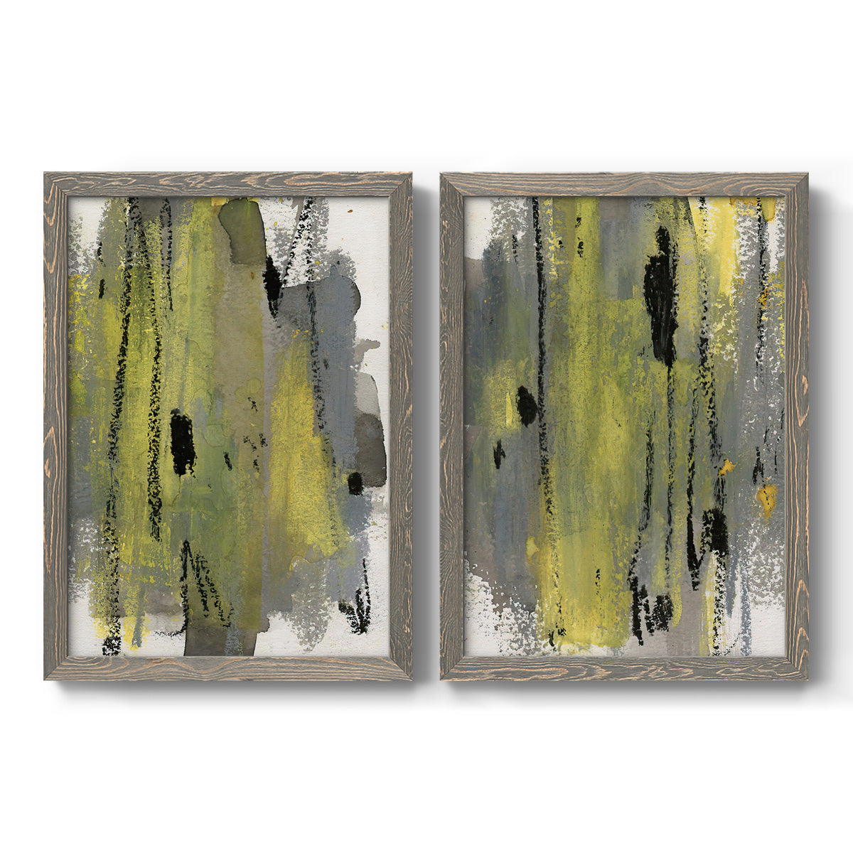 Set of two gray barnwood framed canvas prints featuring two urban mixed-media abstracts featuring vertical abstract brush bands in changing muted palettes.