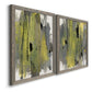Angled view of a set of two gray barnwood framed canvas prints featuring two urban mixed-media abstracts featuring vertical abstract brush bands in changing muted palettes.