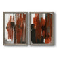 Set of two gray barnwood framed canvas prints featuring two urban mixed-media abstracts featuring vertical abstract brush bands in changing muted palettes.