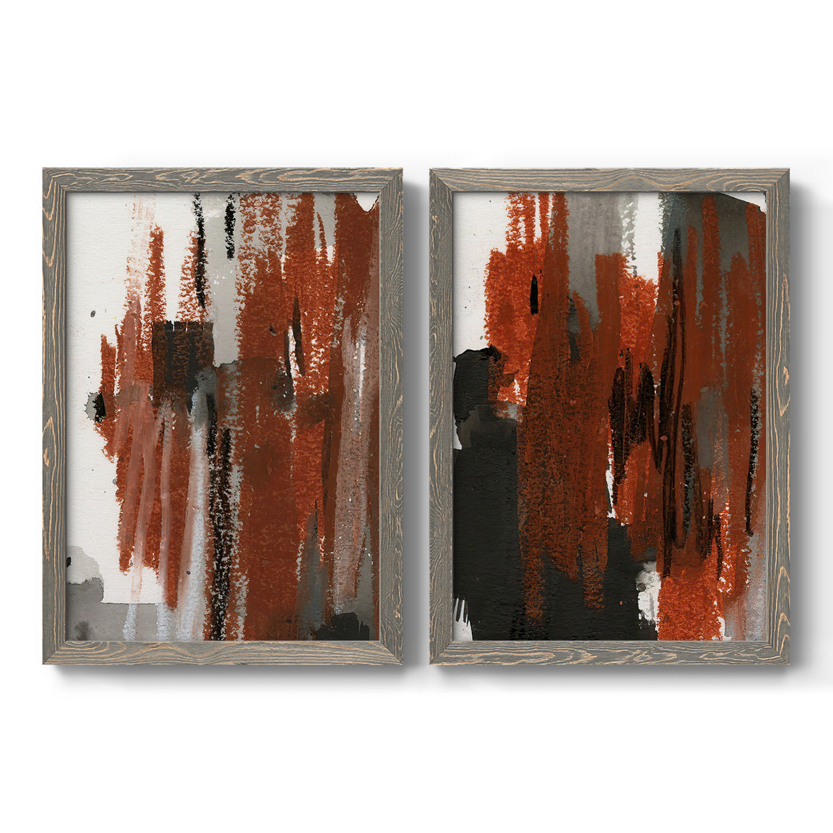 Set of two gray barnwood framed canvas prints featuring two urban mixed-media abstracts featuring vertical abstract brush bands in changing muted palettes.
