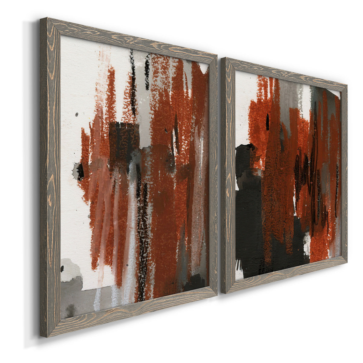 Angled view of a set of two gray barnwood framed canvas prints featuring two urban mixed-media abstracts featuring vertical abstract brush bands in changing muted palettes.
