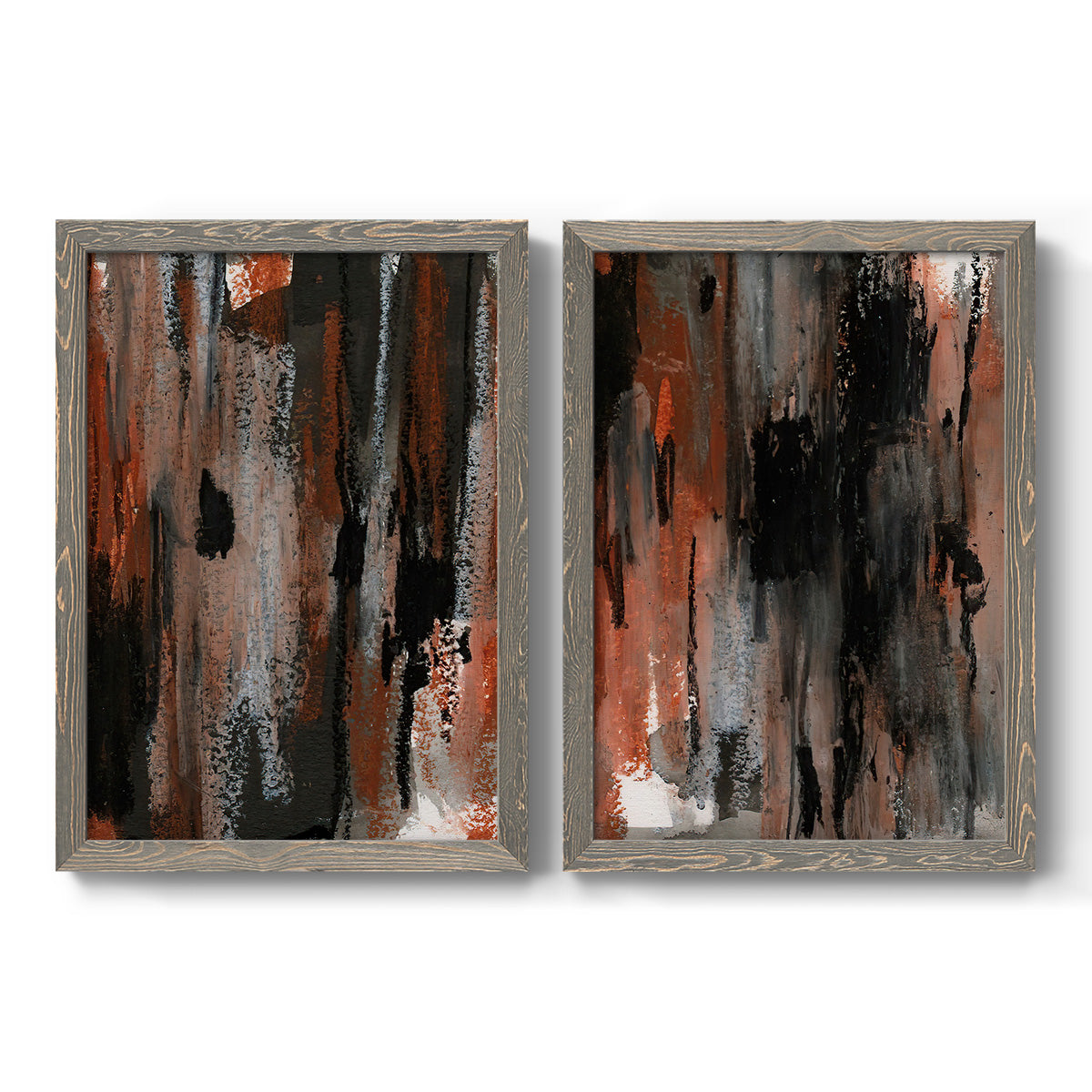 Set of two gray barnwood framed canvas prints featuring two urban mixed-media abstracts featuring vertical abstract brush bands in changing muted palettes.