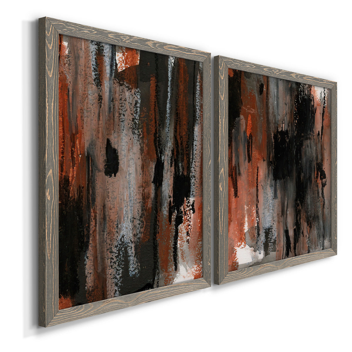Angled view of a set of two gray barnwood framed canvas prints featuring two urban mixed-media abstracts featuring vertical abstract brush bands in changing muted palettes.