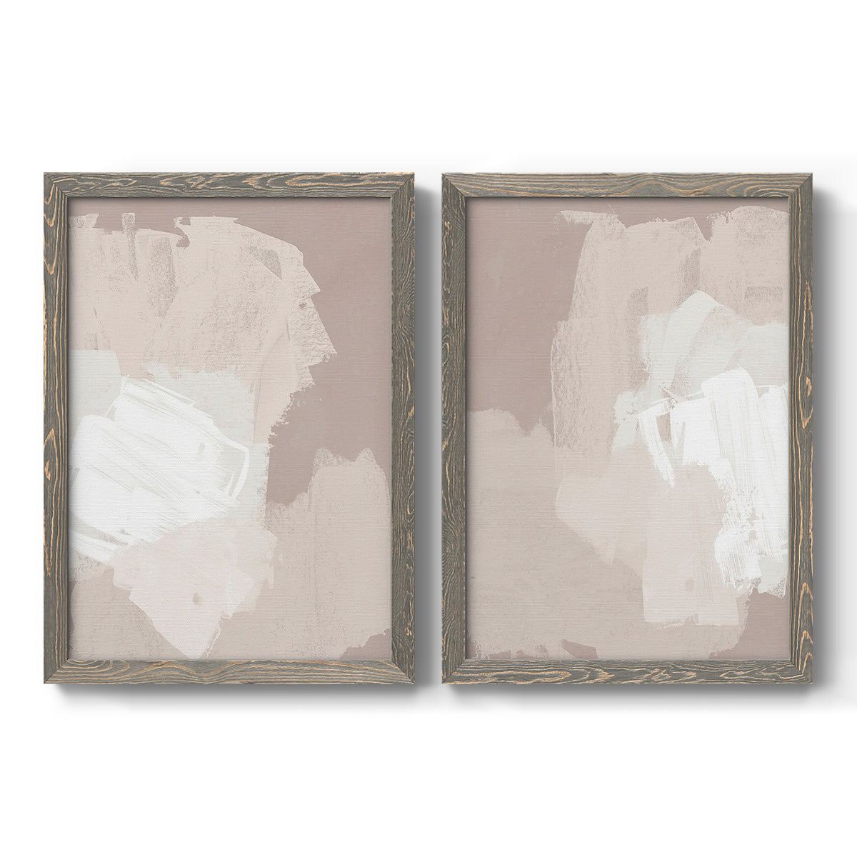 Set of two gray barnwood framed canvas prints featuring two neutral minimalist abstracts featuring soft taupe blush and white paint blocks.
