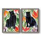 Set of two gray barnwood framed canvas prints featuring two vibrant watercolor wildlife illustrations featuring black panthers surrounded by colorful tropical foliage.