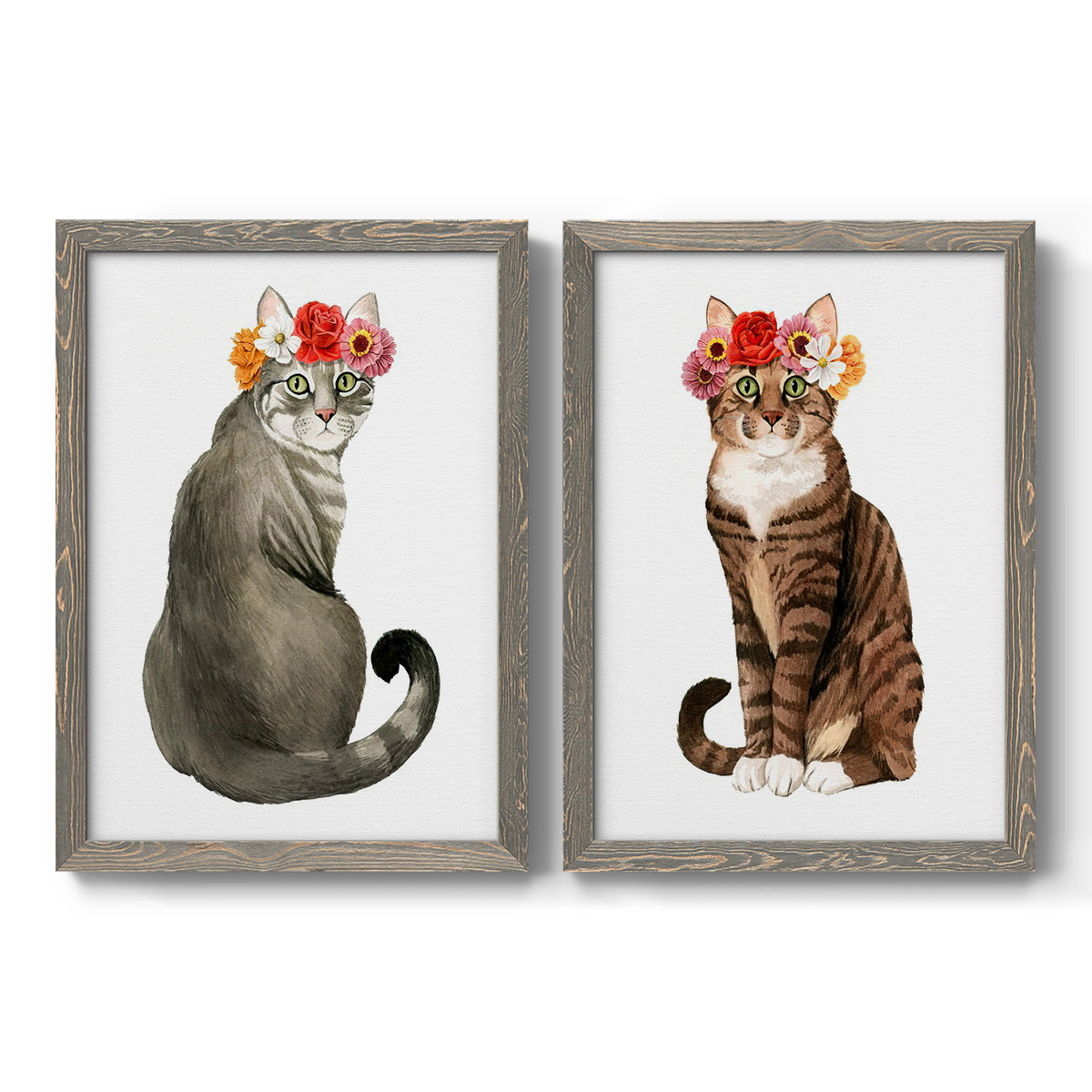 Set of two gray barnwood framed canvas prints featuring two whimsical animal portraits featuring seated cats wearing colorful flower crowns.