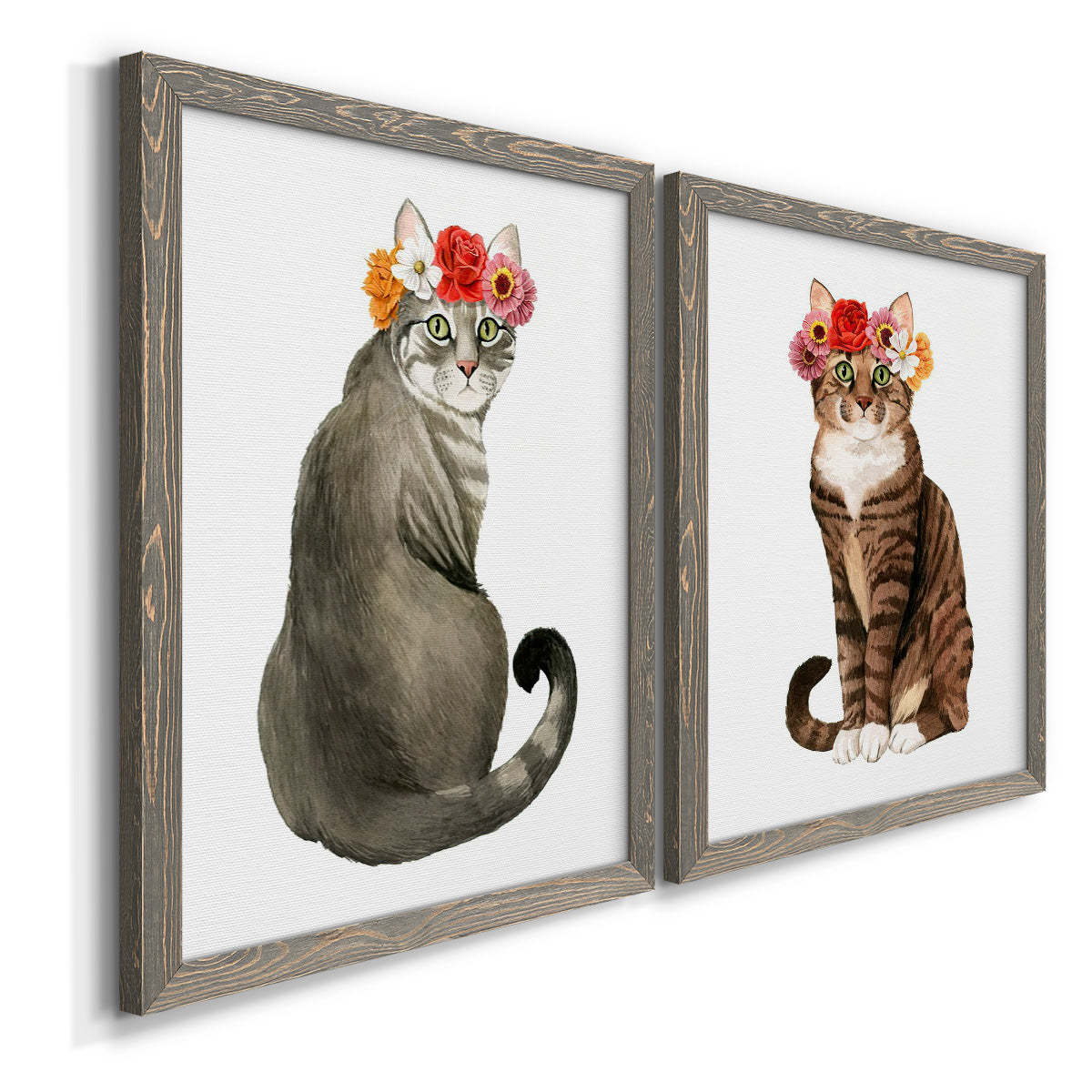 Angled view of a set of two gray barnwood framed canvas prints featuring two whimsical animal portraits featuring seated cats wearing colorful flower crowns.