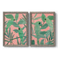 Set of two gray barnwood framed canvas prints featuring two bold tropical botanical prints featuring large green tropical leaves on coral-pink grounds.