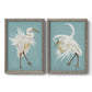 Set of two gray barnwood framed canvas prints featuring two decorative bird illustrations featuring white herons displaying long windswept feathers.
