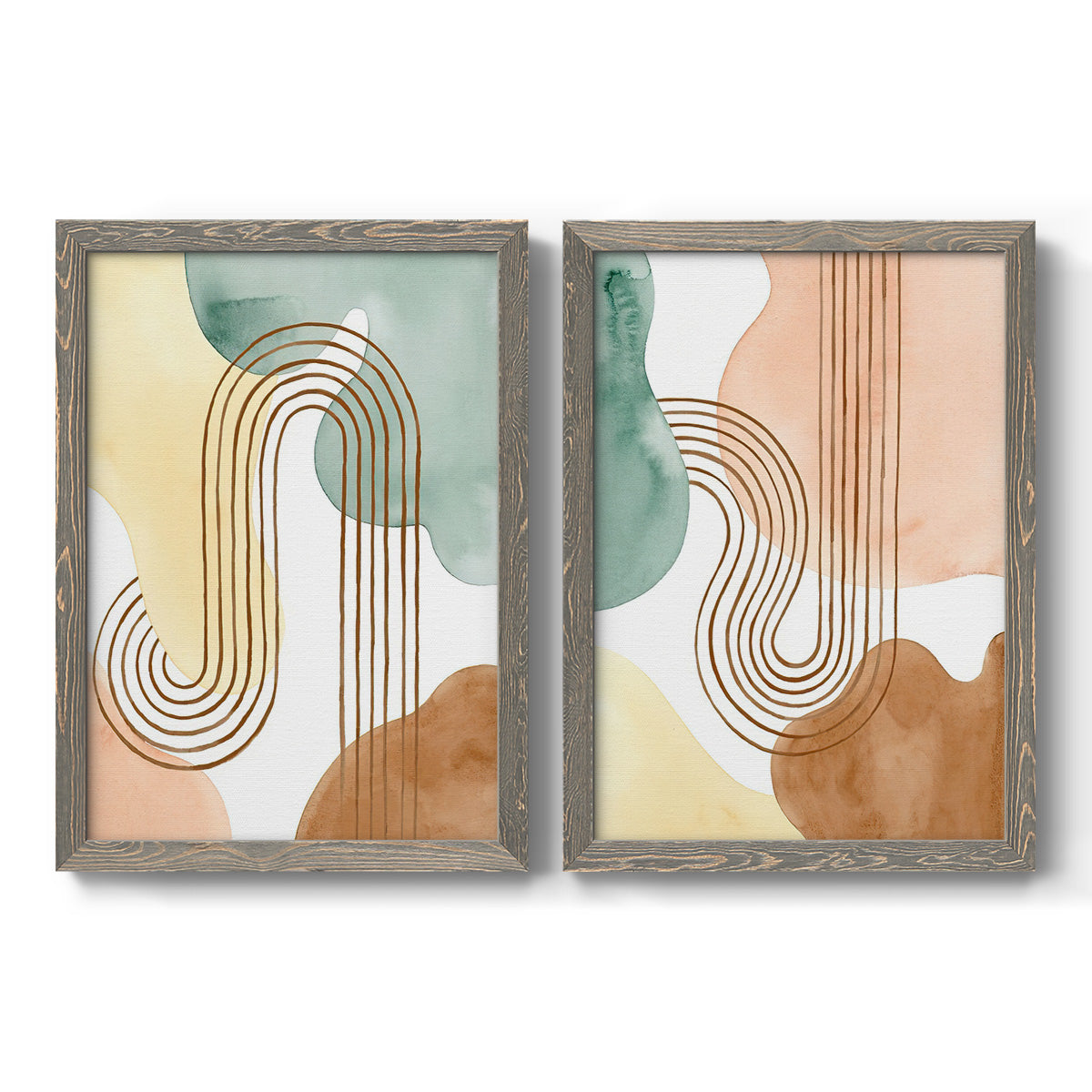 Set of two gray barnwood framed canvas prints featuring two folk-inspired botanical patterns featuring repeating indigo floral and leaf motifs.