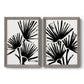 Set of two gray barnwood framed canvas prints featuring two bold monochrome botanical prints featuring black fan-shaped botanical forms.