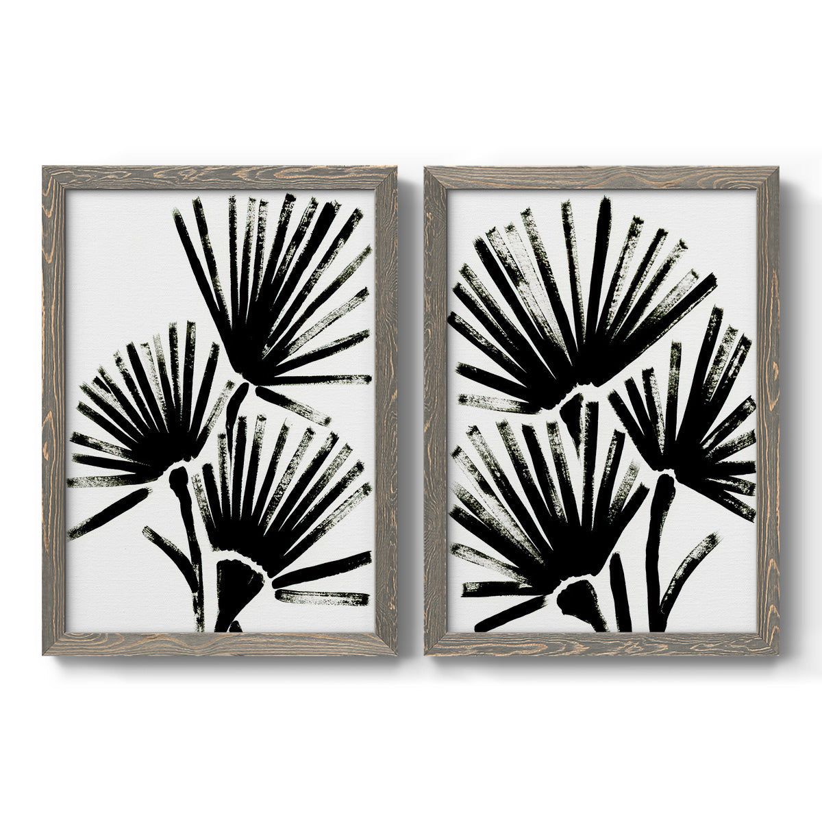 Set of two gray barnwood framed canvas prints featuring two bold monochrome botanical prints featuring black fan-shaped botanical forms.