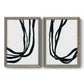 Set of two gray barnwood framed canvas prints featuring two minimalist gestural line abstracts featuring flowing black ribbon-like lines.