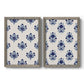 Set of two gray barnwood framed canvas prints featuring two repeating blue floral patterns with stylized bouquets arranged across warm white backgrounds.
