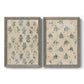 Set of two gray barnwood framed canvas prints featuring two weathered block-print patterns featuring small repeating blue floral motifs.
