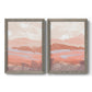 Set of two gray barnwood framed canvas prints featuring two modern abstract landscapes featuring layered blush terracotta and blue desert horizons.