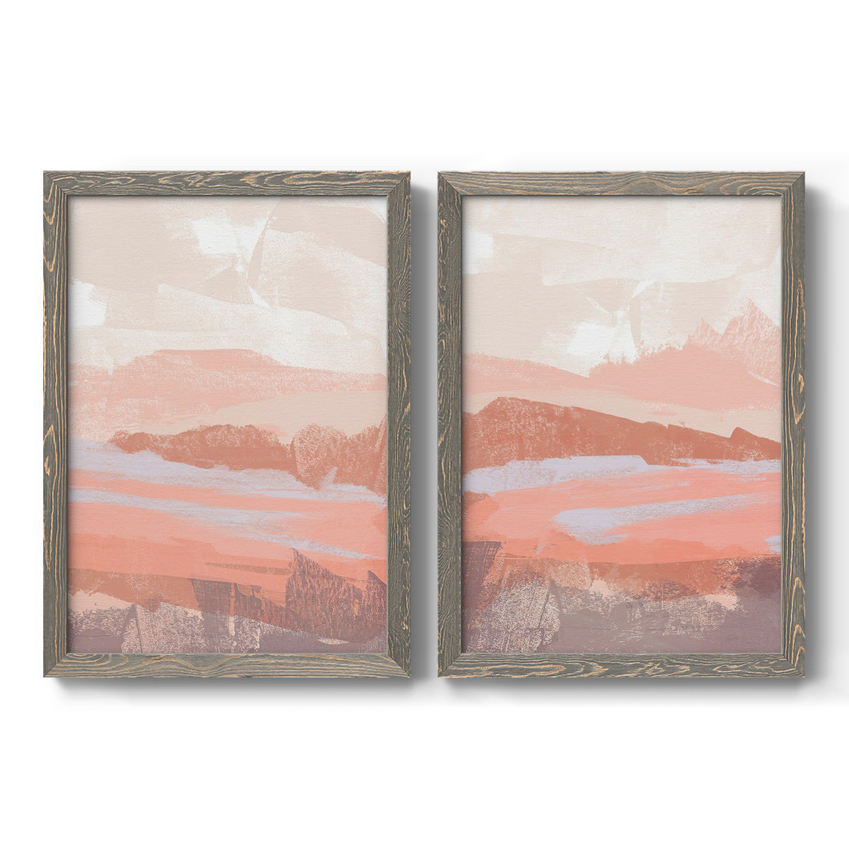 Set of two gray barnwood framed canvas prints featuring two modern abstract landscapes featuring layered blush terracotta and blue desert horizons.