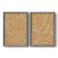 Set of two gray barnwood framed canvas prints featuring two graphic botanical pattern abstracts featuring continuous white organic lines over solid ochre and blush fields.