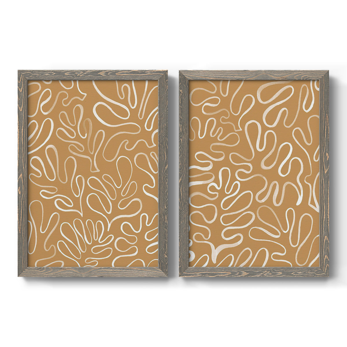 Set of two gray barnwood framed canvas prints featuring two graphic botanical pattern abstracts featuring continuous white organic lines over solid ochre and blush fields.
