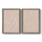 Set of two gray barnwood framed canvas prints featuring two graphic botanical pattern abstracts featuring continuous white organic lines over solid ochre and blush fields.
