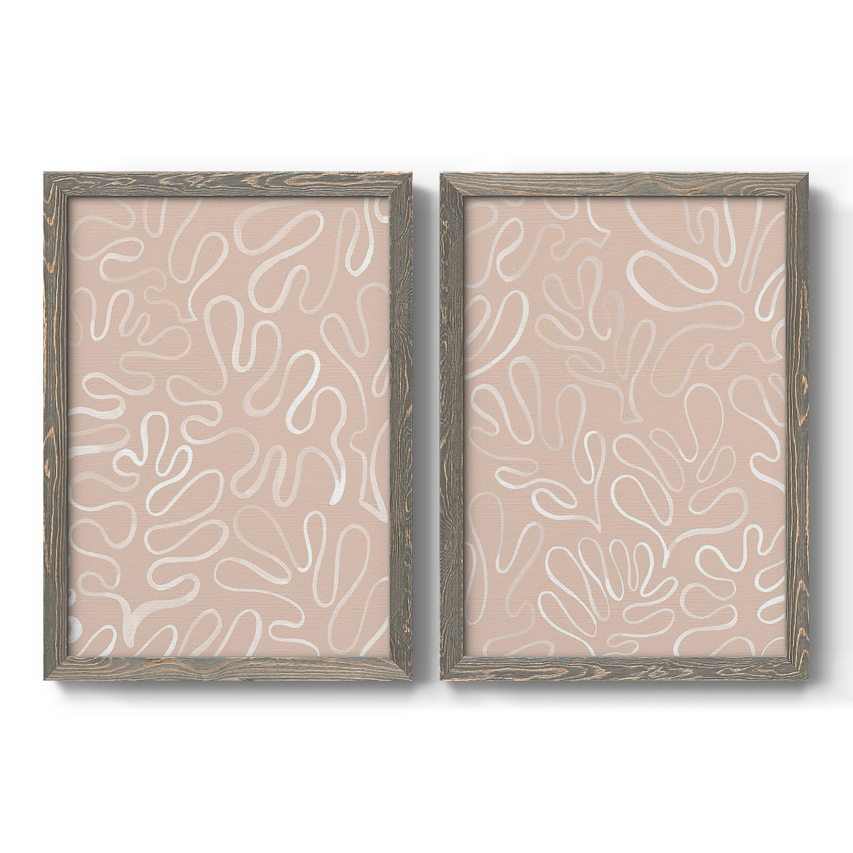 Set of two gray barnwood framed canvas prints featuring two graphic botanical pattern abstracts featuring continuous white organic lines over solid ochre and blush fields.