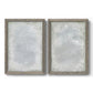 Set of two gray barnwood framed canvas prints featuring two quiet textural abstracts featuring layered white and silver-gray painted surfaces.