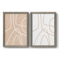 Set of two gray barnwood framed canvas prints featuring two minimalist line abstracts featuring single continuous tan lines forming oversized organic curves.
