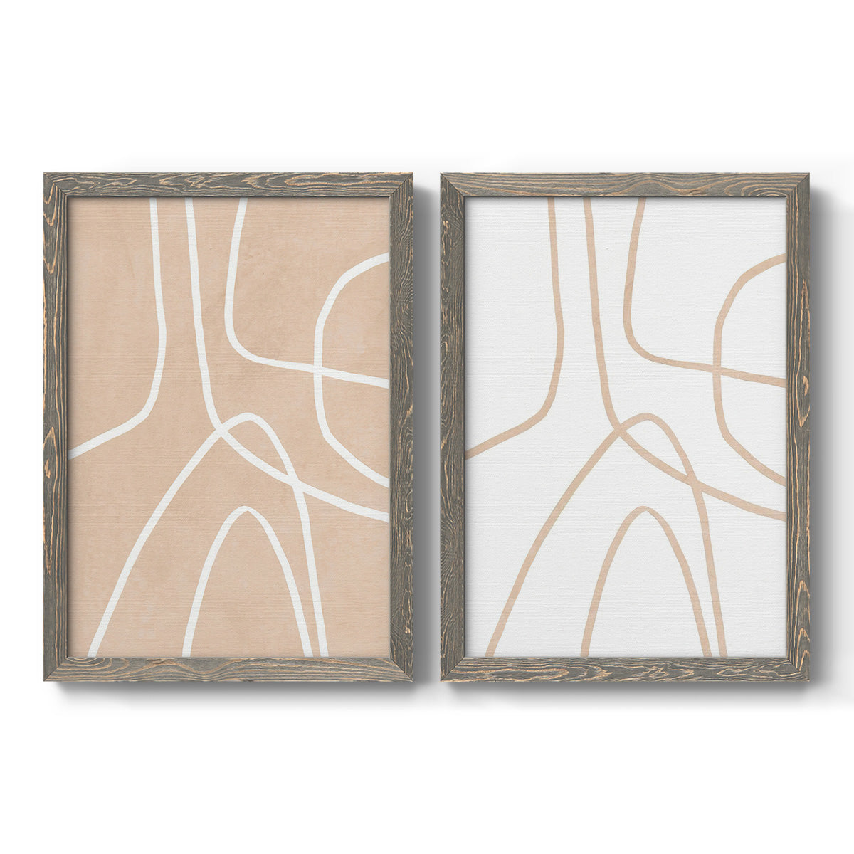 Set of two gray barnwood framed canvas prints featuring two minimalist line abstracts featuring single continuous tan lines forming oversized organic curves.
