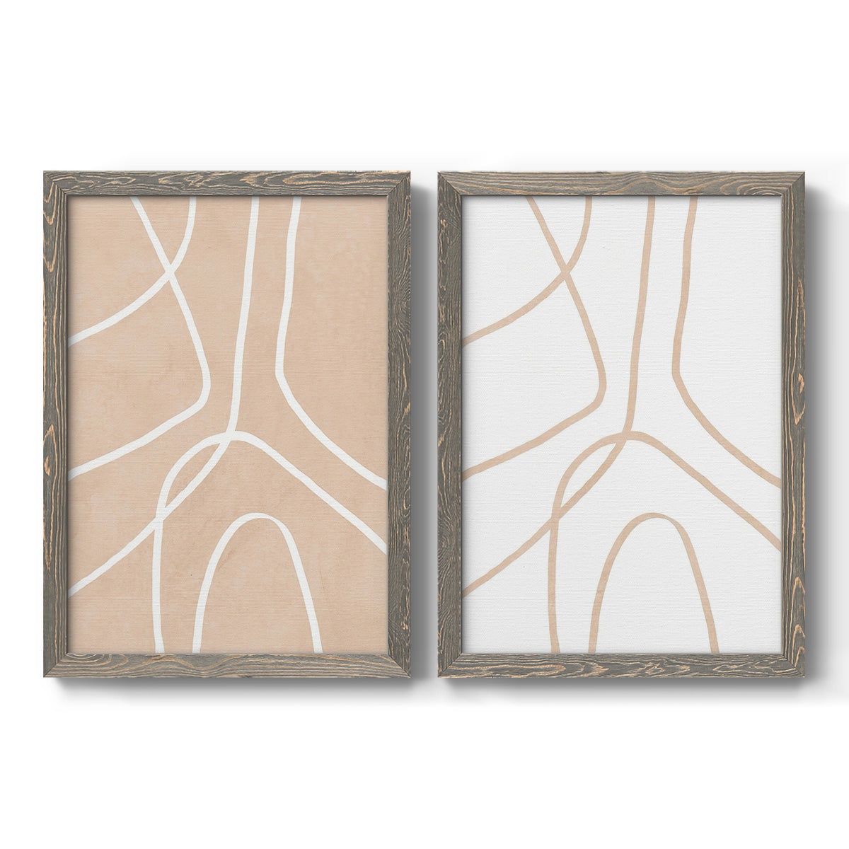 Set of two gray barnwood framed canvas prints featuring two minimalist line abstracts featuring single continuous tan lines forming oversized organic curves.