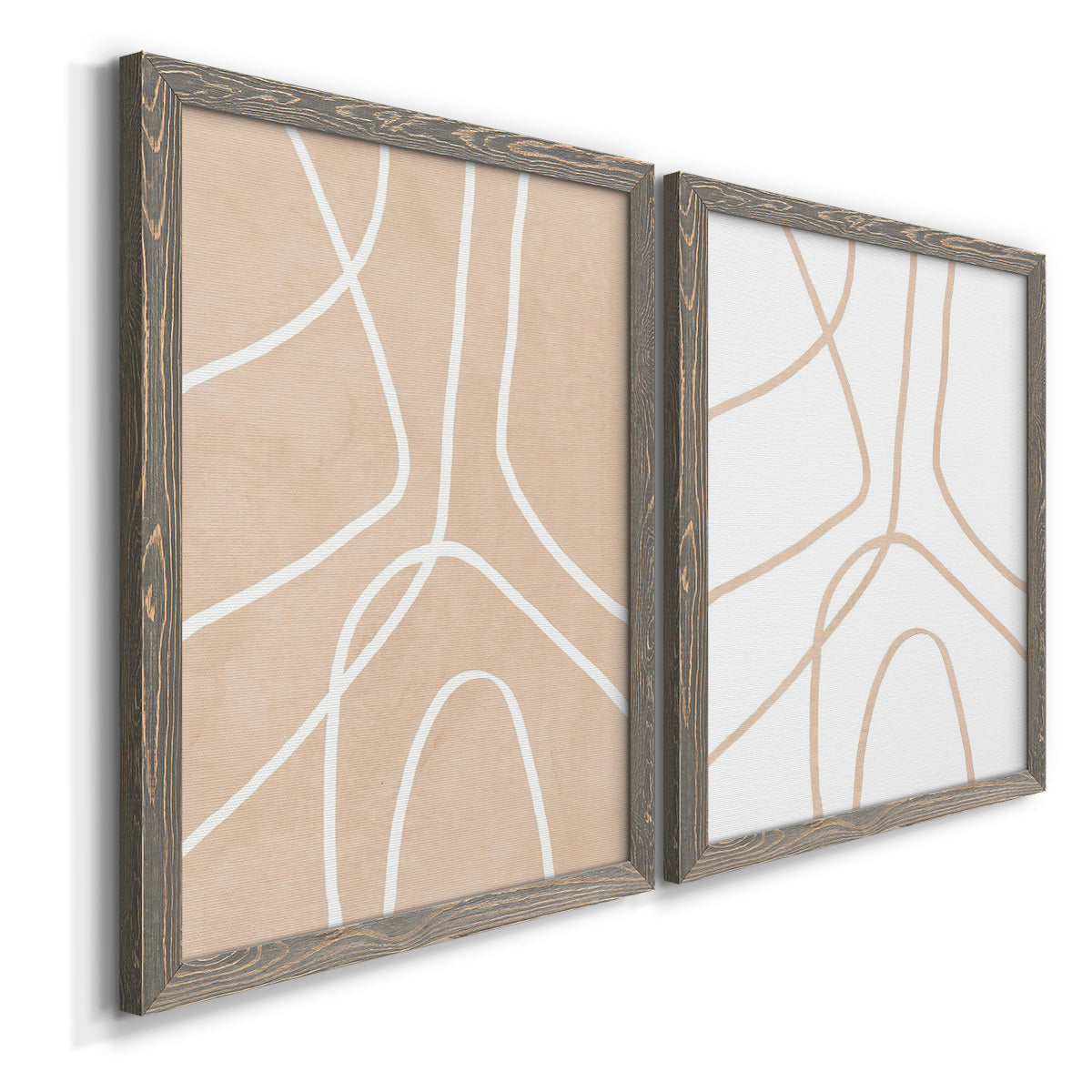Angled view of a set of two gray barnwood framed canvas prints featuring two minimalist line abstracts featuring single continuous tan lines forming oversized organic curves.