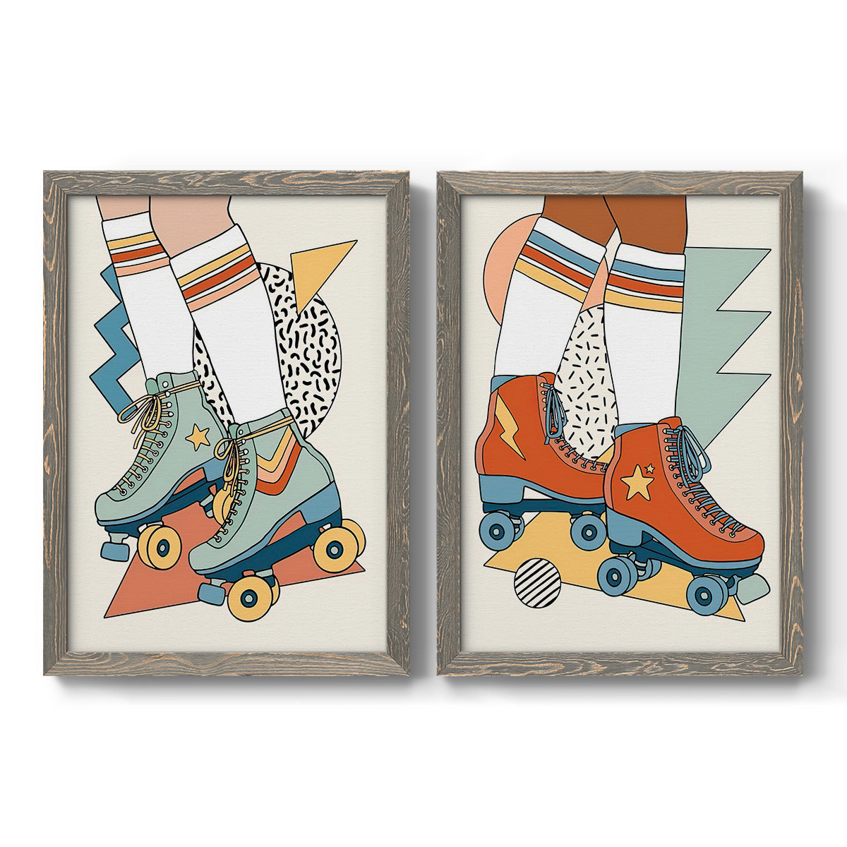 Set of two gray barnwood framed canvas prints featuring two playful fashion illustrations featuring colorful retro roller skates and patterned socks.