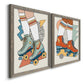 Angled view of a set of two gray barnwood framed canvas prints featuring two playful fashion illustrations featuring colorful retro roller skates and patterned socks.