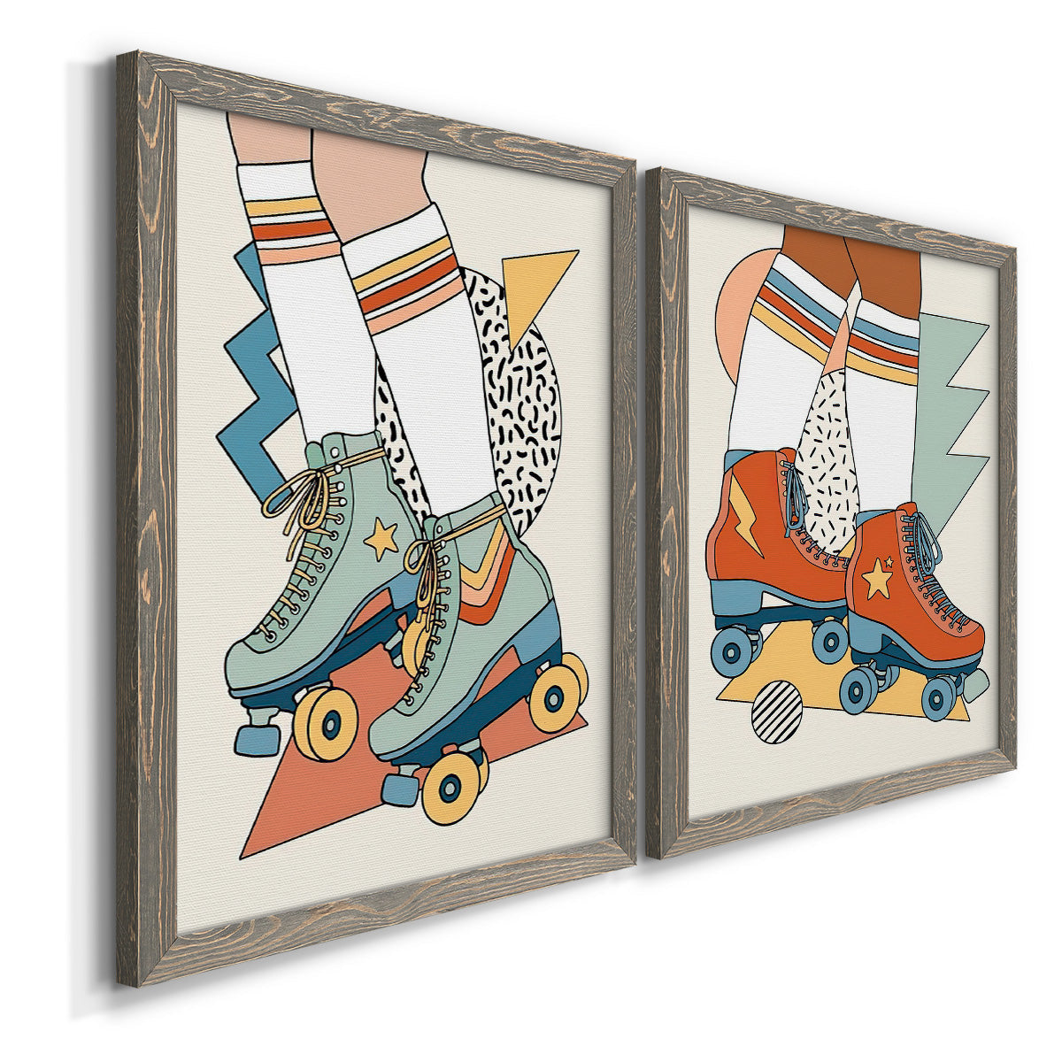 Angled view of a set of two gray barnwood framed canvas prints featuring two playful fashion illustrations featuring colorful retro roller skates and patterned socks.