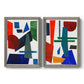 Set of two gray barnwood framed canvas prints featuring two mid-century graphic abstracts featuring bold red blue green yellow and black geometric forms.