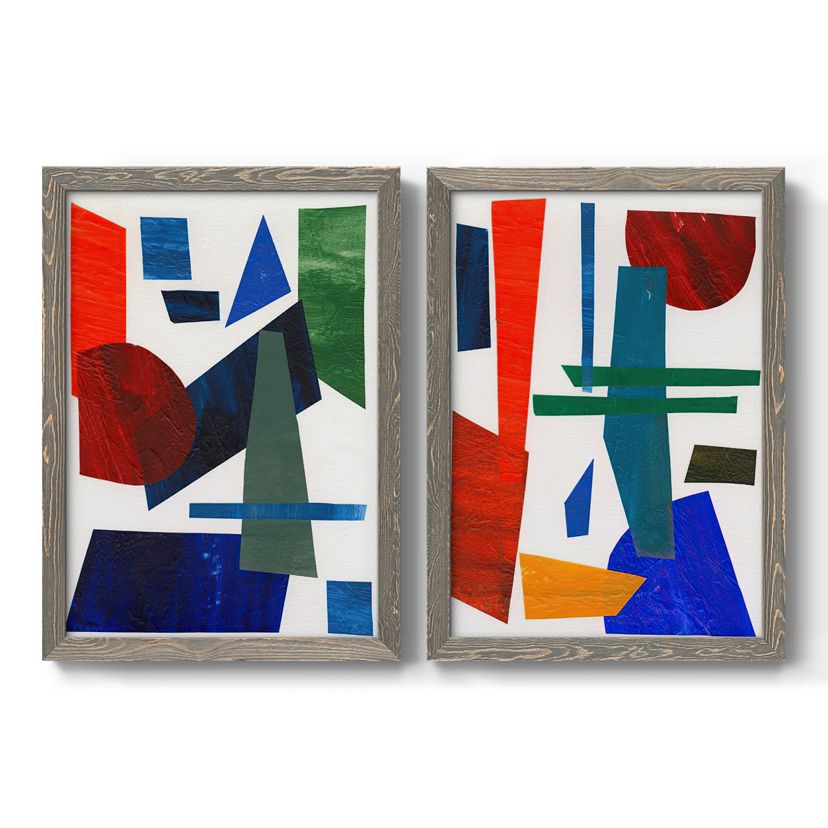 Set of two gray barnwood framed canvas prints featuring two mid-century graphic abstracts featuring bold red blue green yellow and black geometric forms.