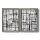 Set of two gray barnwood framed canvas prints featuring two monochrome geometric abstracts featuring layered black linear grids.
