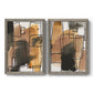 Set of two gray barnwood framed canvas prints featuring two retro geometric abstracts featuring earthy watercolor blocks crossed by black contour lines.