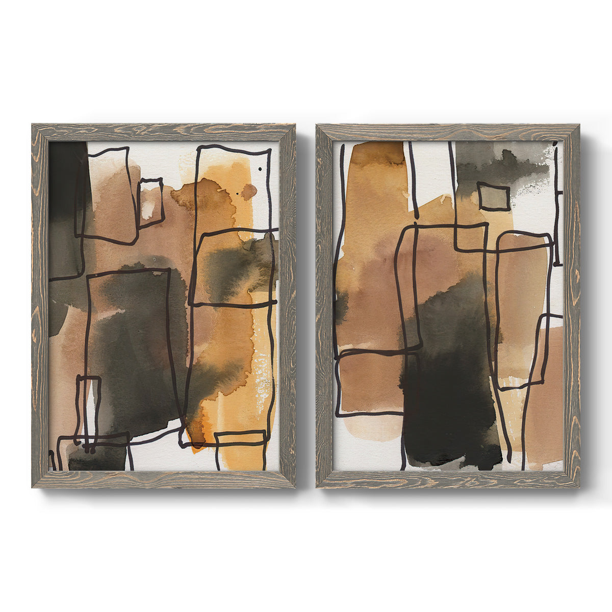 Set of two gray barnwood framed canvas prints featuring two retro geometric abstracts featuring earthy watercolor blocks crossed by black contour lines.