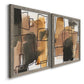Angled view of a set of two gray barnwood framed canvas prints featuring two retro geometric abstracts featuring earthy watercolor blocks crossed by black contour lines.