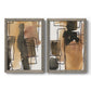 Set of two gray barnwood framed canvas prints featuring two retro geometric abstracts featuring earthy watercolor blocks crossed by black contour lines.