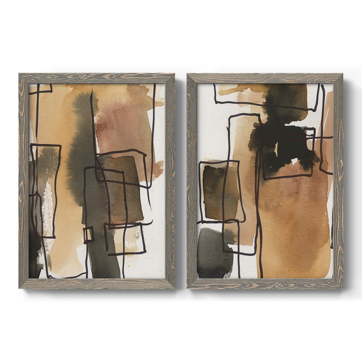 Set of two gray barnwood framed canvas prints featuring two retro geometric abstracts featuring earthy watercolor blocks crossed by black contour lines.