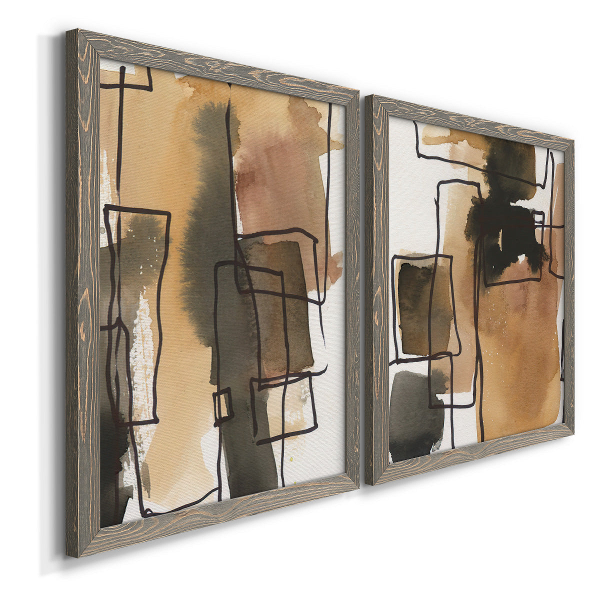 Angled view of a set of two gray barnwood framed canvas prints featuring two retro geometric abstracts featuring earthy watercolor blocks crossed by black contour lines.
