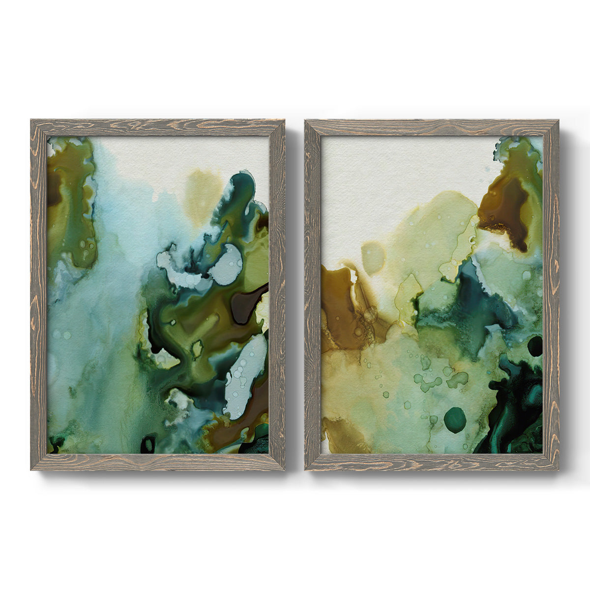 Set of two gray barnwood framed canvas prints featuring two organic watercolor abstracts featuring fluid green blue and earthy brown ink pools.