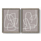 Set of two gray barnwood framed canvas prints featuring two minimalist geometric line art featuring overlapping white continuous-line loops on taupe.