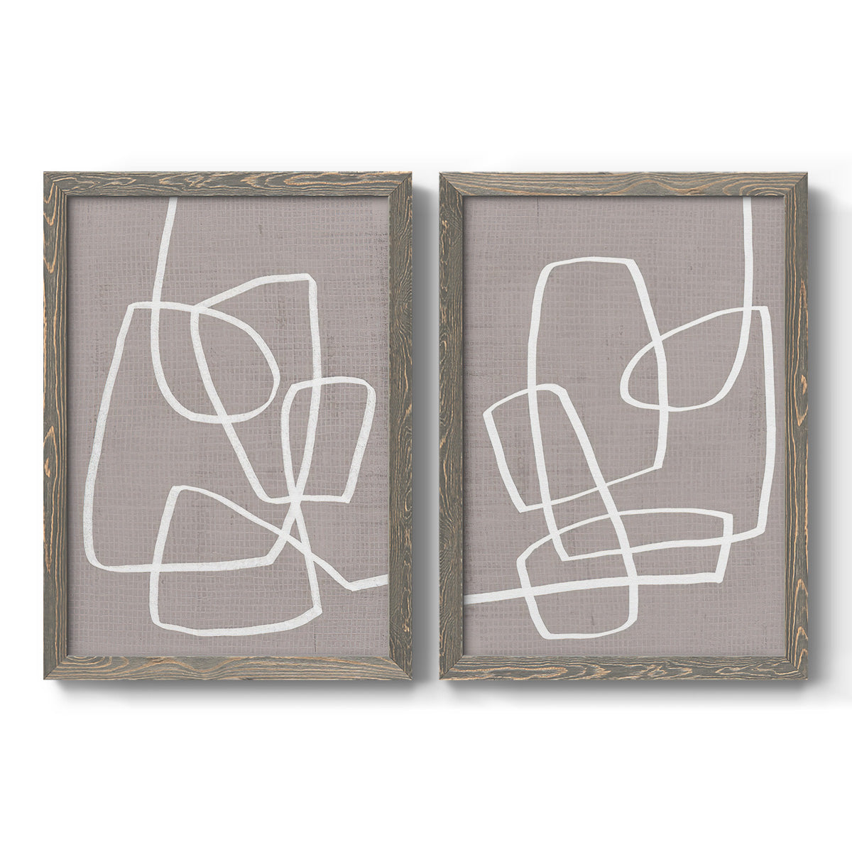 Set of two gray barnwood framed canvas prints featuring two minimalist geometric line art featuring overlapping white continuous-line loops on taupe.