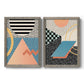 Set of two gray barnwood framed canvas prints featuring two retro graphic abstracts featuring bold geometric Memphis-style patterns.