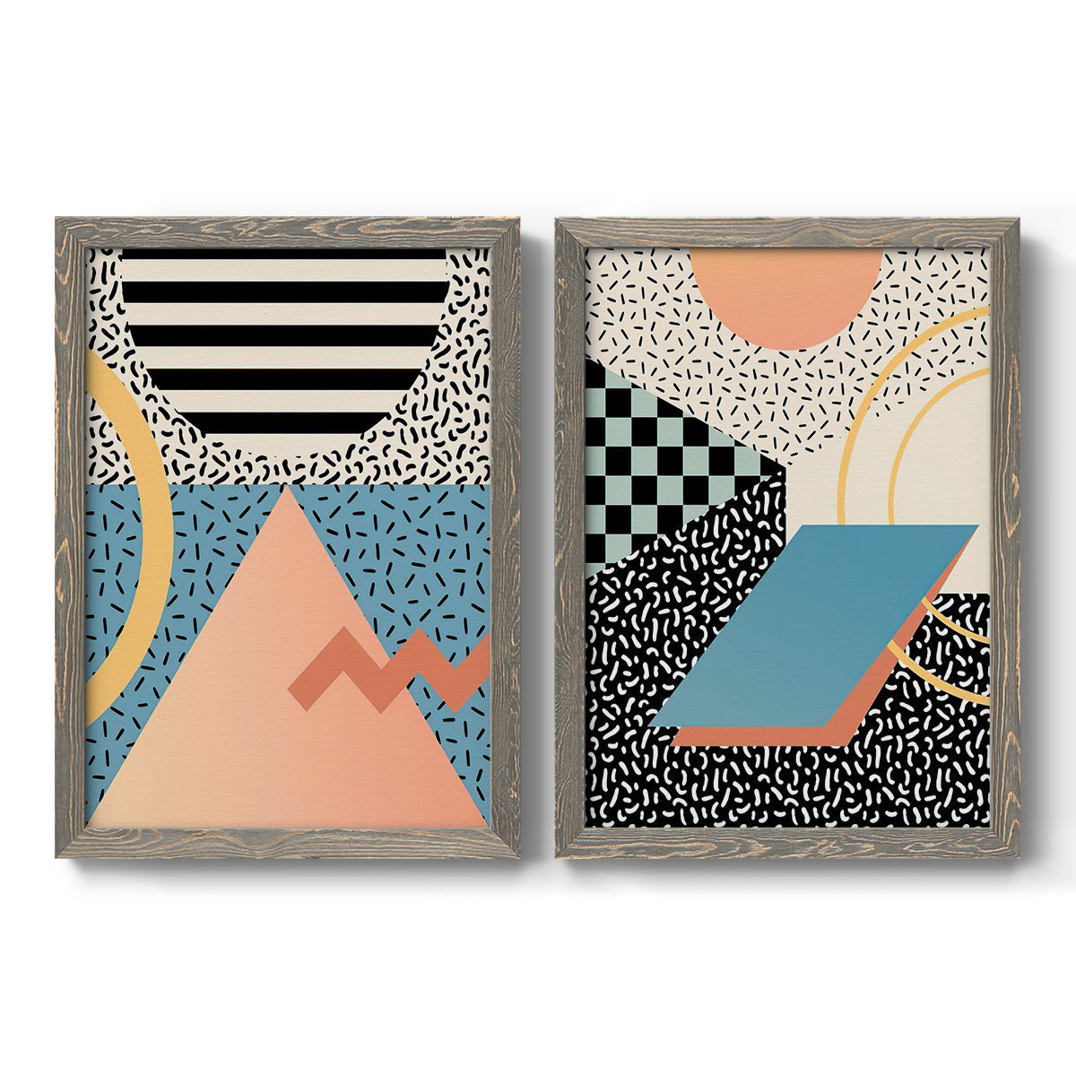 Set of two gray barnwood framed canvas prints featuring two retro graphic abstracts featuring bold geometric Memphis-style patterns.