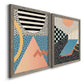 Angled view of a set of two gray barnwood framed canvas prints featuring two retro graphic abstracts featuring bold geometric Memphis-style patterns.